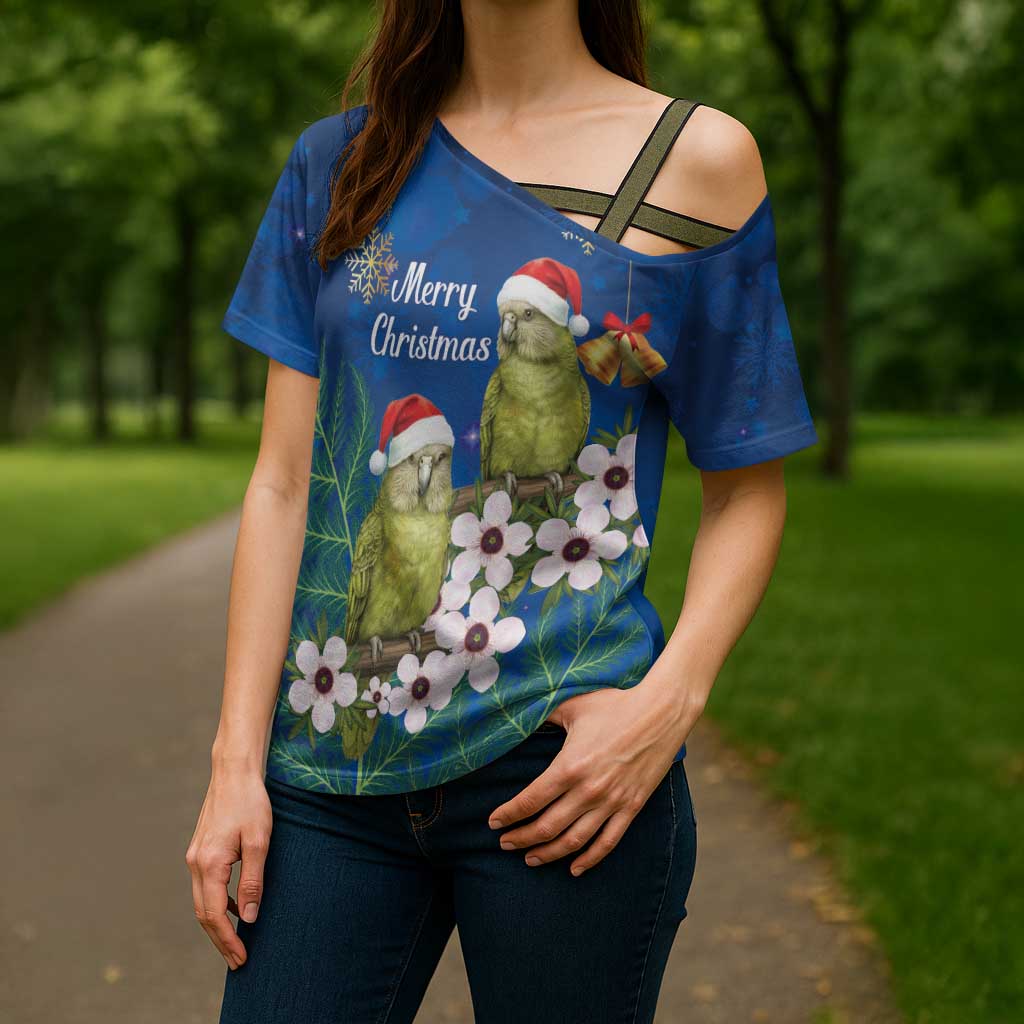 New Zealand Kakapo Christmas Cross Shoulder Shirt Owl Parrot Santa Sliver Fern Manuka - Blue LT14 - Polynesian Pride