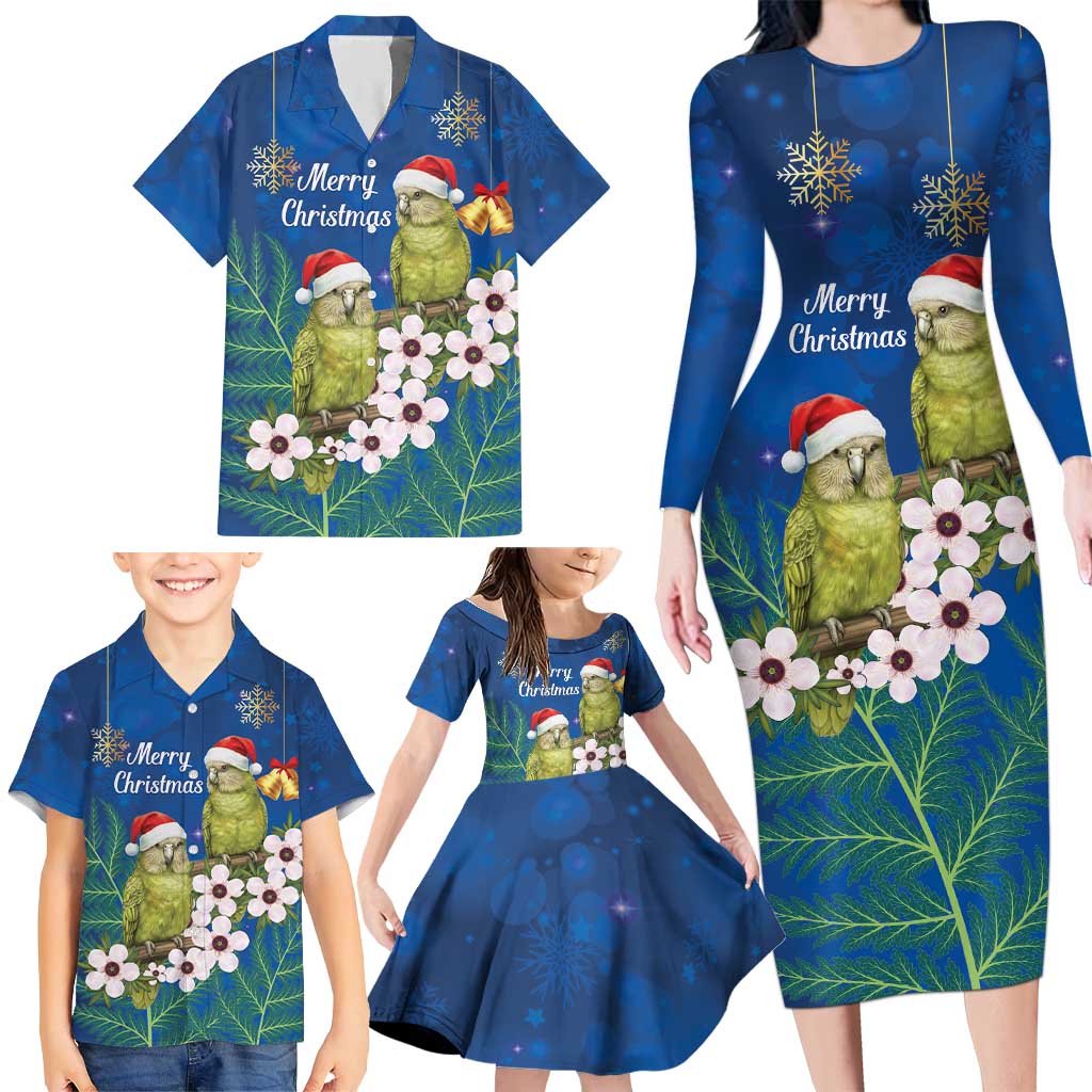 New Zealand Kakapo Christmas Family Matching Long Sleeve Bodycon Dress and Hawaiian Shirt Owl Parrot Santa Sliver Fern Manuka - Blue LT14 - Polynesian Pride