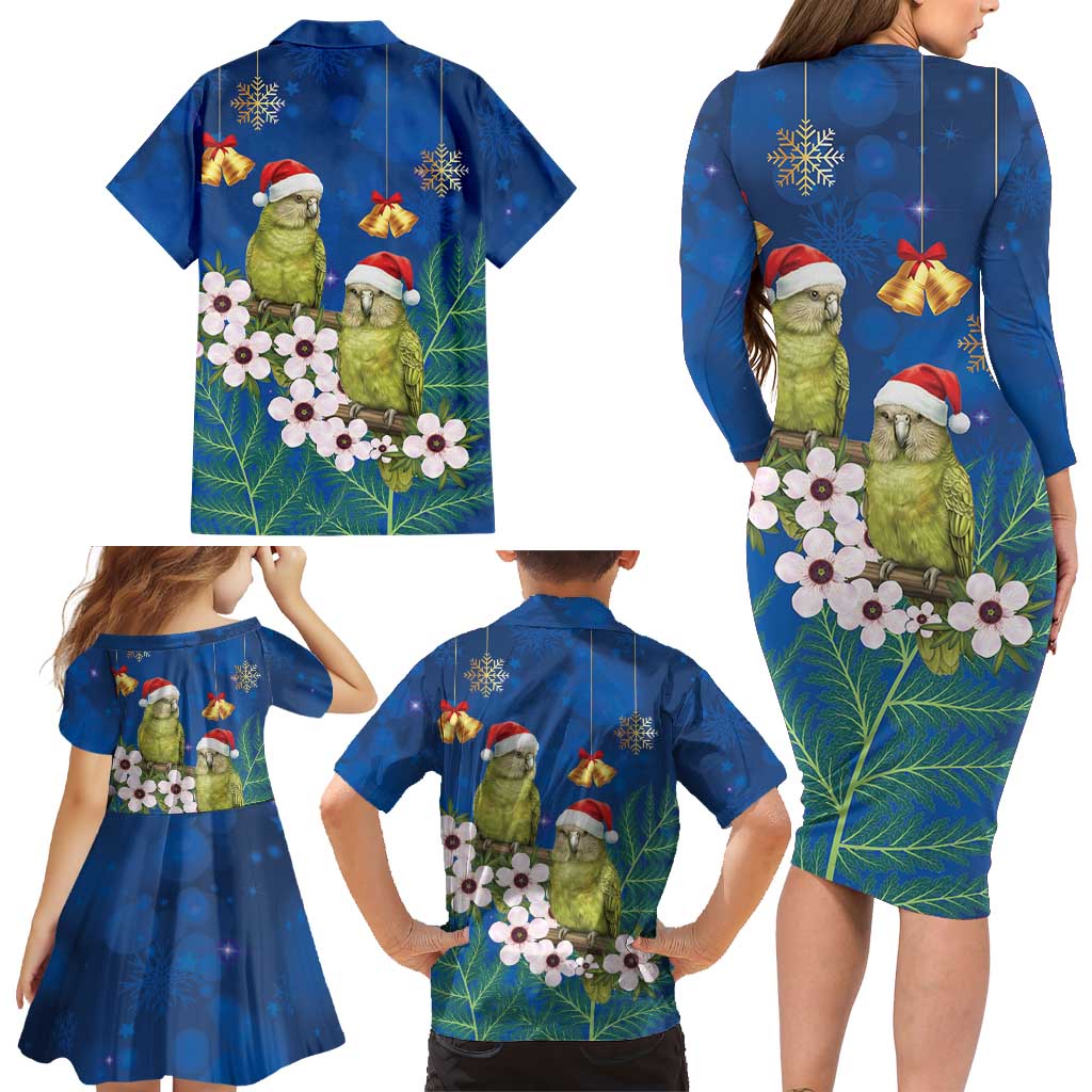 New Zealand Kakapo Christmas Family Matching Long Sleeve Bodycon Dress and Hawaiian Shirt Owl Parrot Santa Sliver Fern Manuka - Blue LT14 - Polynesian Pride