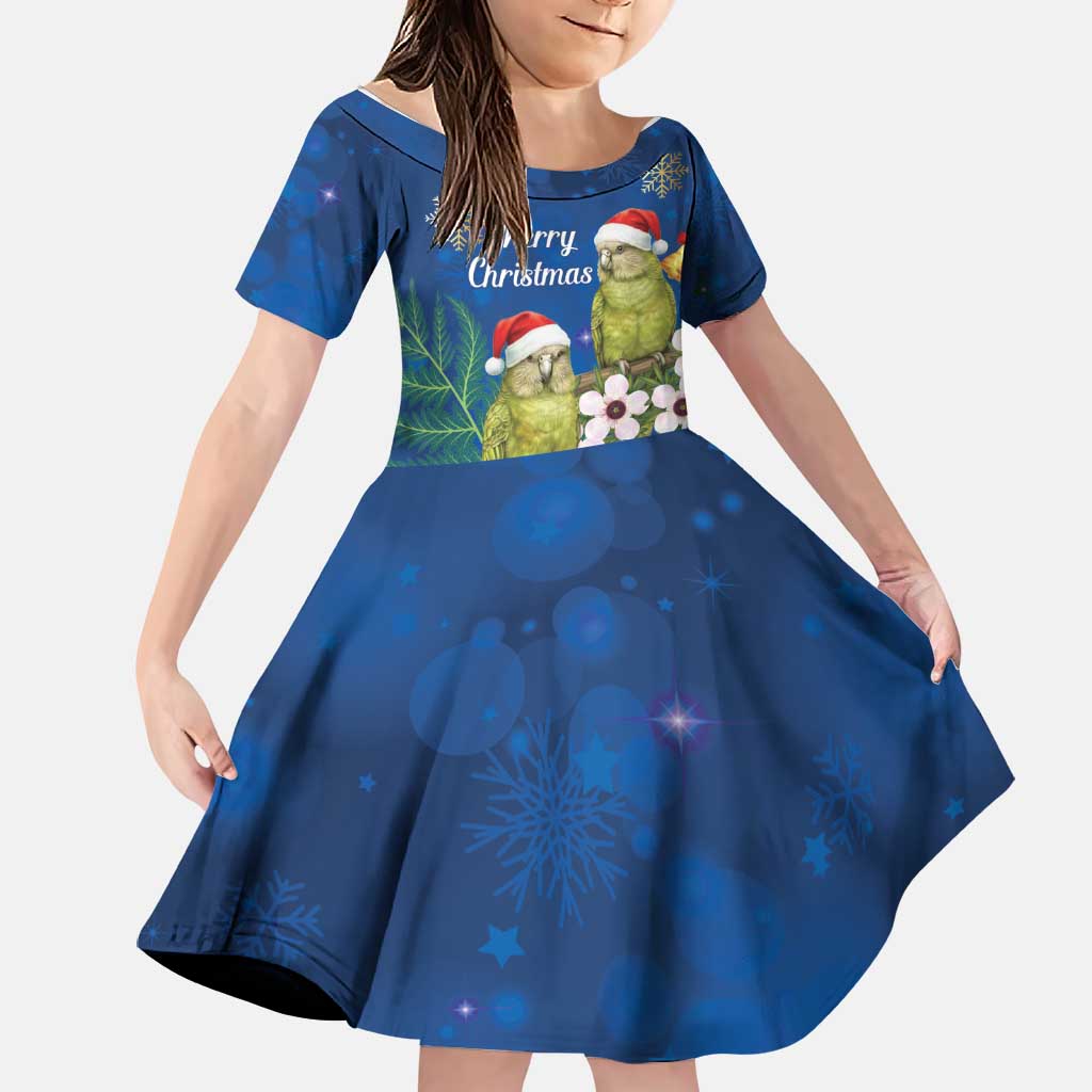 New Zealand Kakapo Christmas Family Matching Mermaid Dress and Hawaiian Shirt Owl Parrot Santa Sliver Fern Manuka - Blue LT14 Daughter's Dress Blue - Polynesian Pride