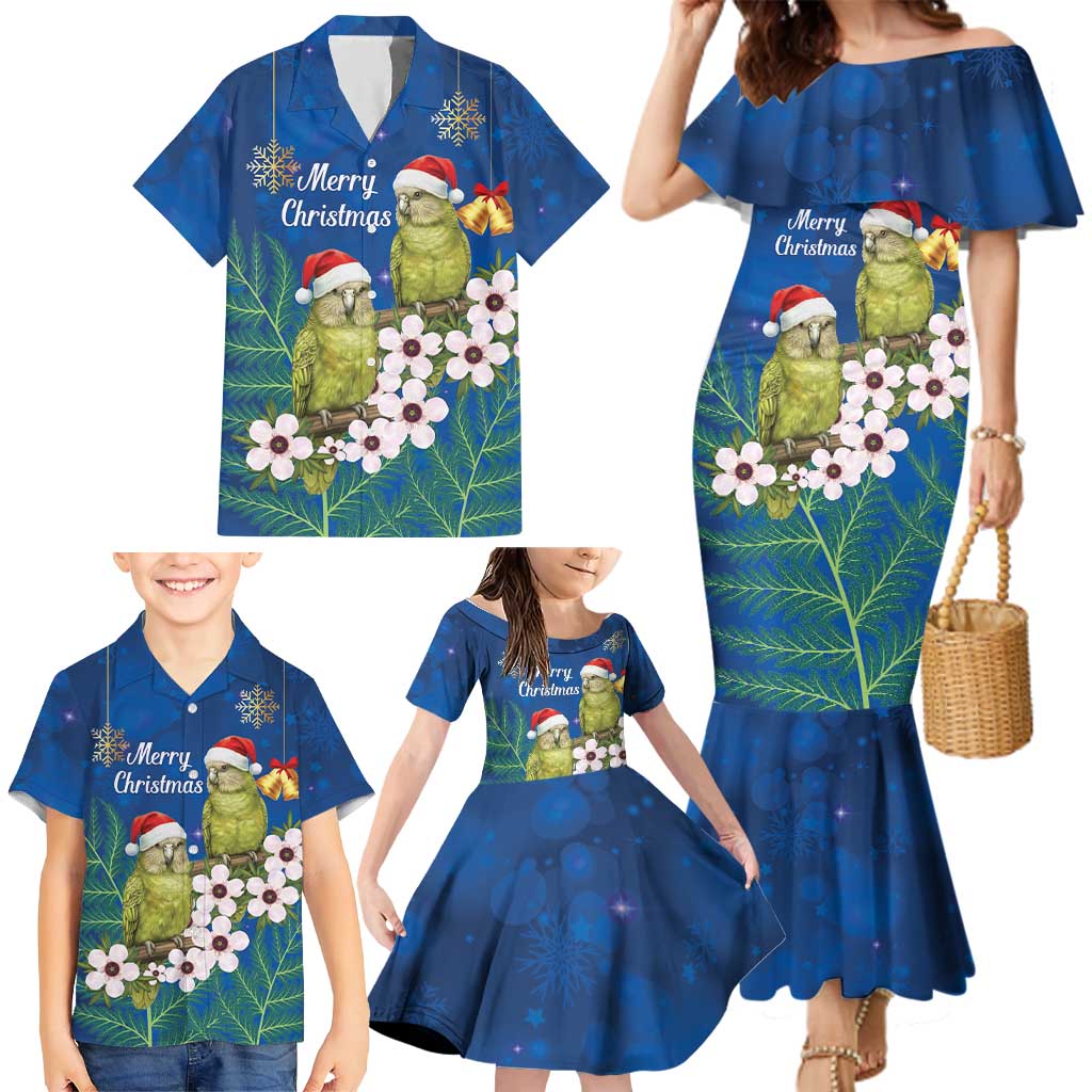 New Zealand Kakapo Christmas Family Matching Mermaid Dress and Hawaiian Shirt Owl Parrot Santa Sliver Fern Manuka - Blue LT14 - Polynesian Pride