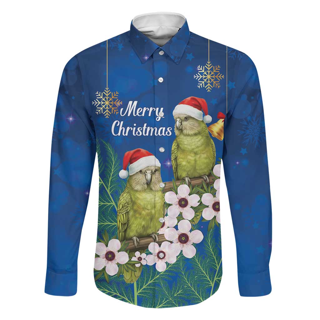 New Zealand Kakapo Christmas Family Matching Mermaid Dress and Hawaiian Shirt Owl Parrot Santa Sliver Fern Manuka - Blue LT14 Dad's Shirt - Long Sleeve Blue - Polynesian Pride