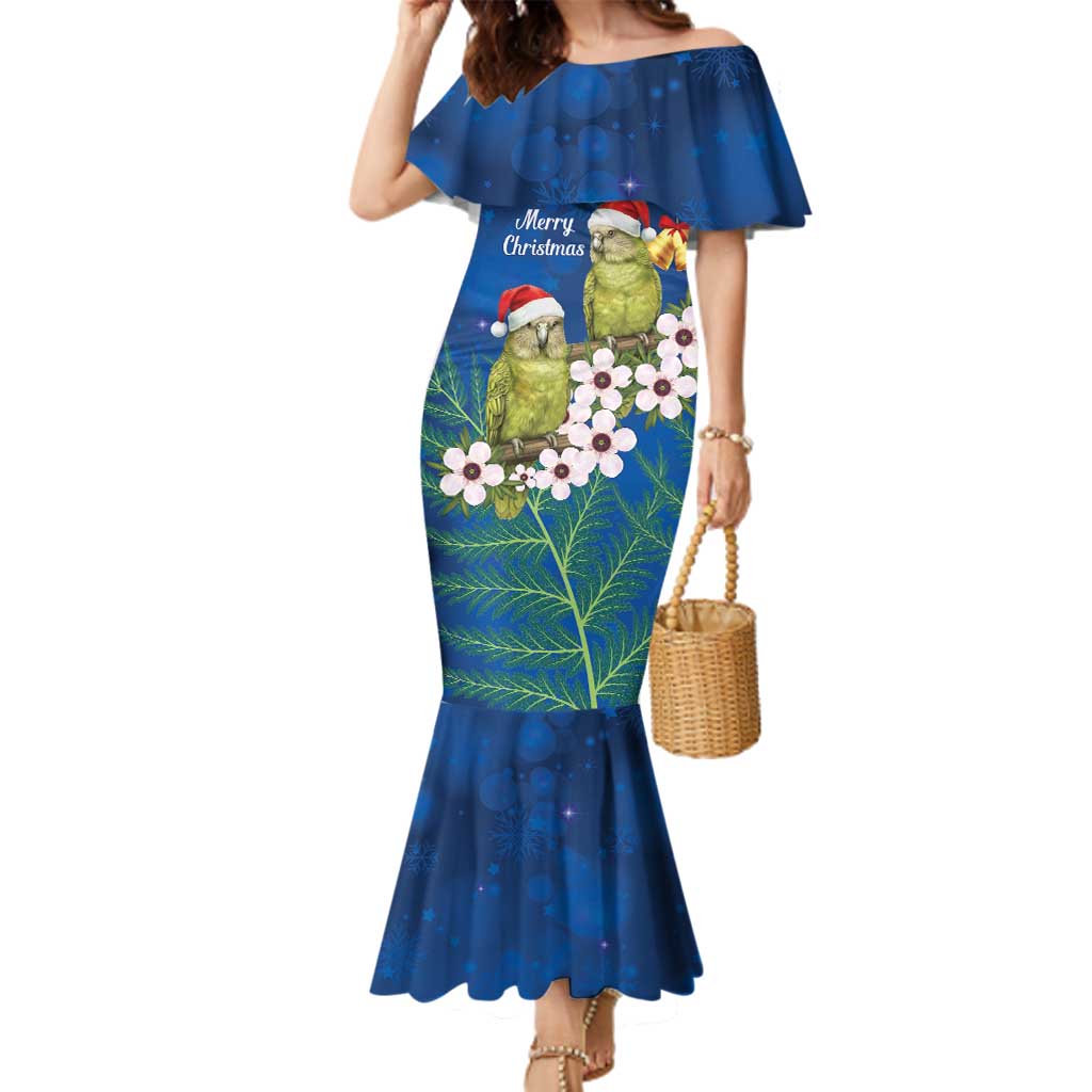 New Zealand Kakapo Christmas Family Matching Mermaid Dress and Hawaiian Shirt Owl Parrot Santa Sliver Fern Manuka - Blue LT14 Blue - Polynesian Pride