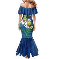 New Zealand Kakapo Christmas Family Matching Mermaid Dress and Hawaiian Shirt Owl Parrot Santa Sliver Fern Manuka - Blue LT14 - Polynesian Pride
