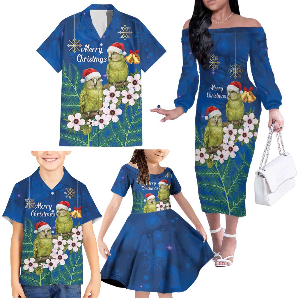 New Zealand Kakapo Christmas Family Matching Off The Shoulder Long Sleeve Dress and Hawaiian Shirt Owl Parrot Santa Sliver Fern Manuka - Blue - Polynesian Pride