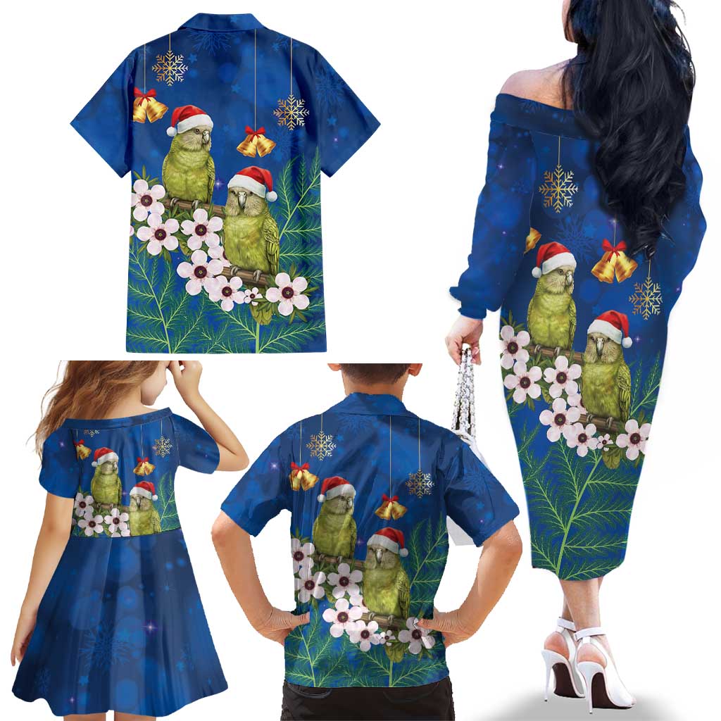 New Zealand Kakapo Christmas Family Matching Off The Shoulder Long Sleeve Dress and Hawaiian Shirt Owl Parrot Santa Sliver Fern Manuka - Blue LT14 - Polynesian Pride