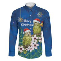New Zealand Kakapo Christmas Family Matching Off The Shoulder Long Sleeve Dress and Hawaiian Shirt Owl Parrot Santa Sliver Fern Manuka - Blue LT14 Dad's Shirt - Long Sleeve Blue - Polynesian Pride