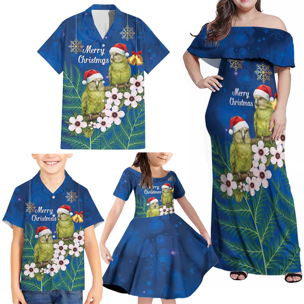 New Zealand Kakapo Christmas Family Matching Off Shoulder Maxi Dress and Hawaiian Shirt Owl Parrot Santa Sliver Fern Manuka - Blue LT14 - Polynesian Pride