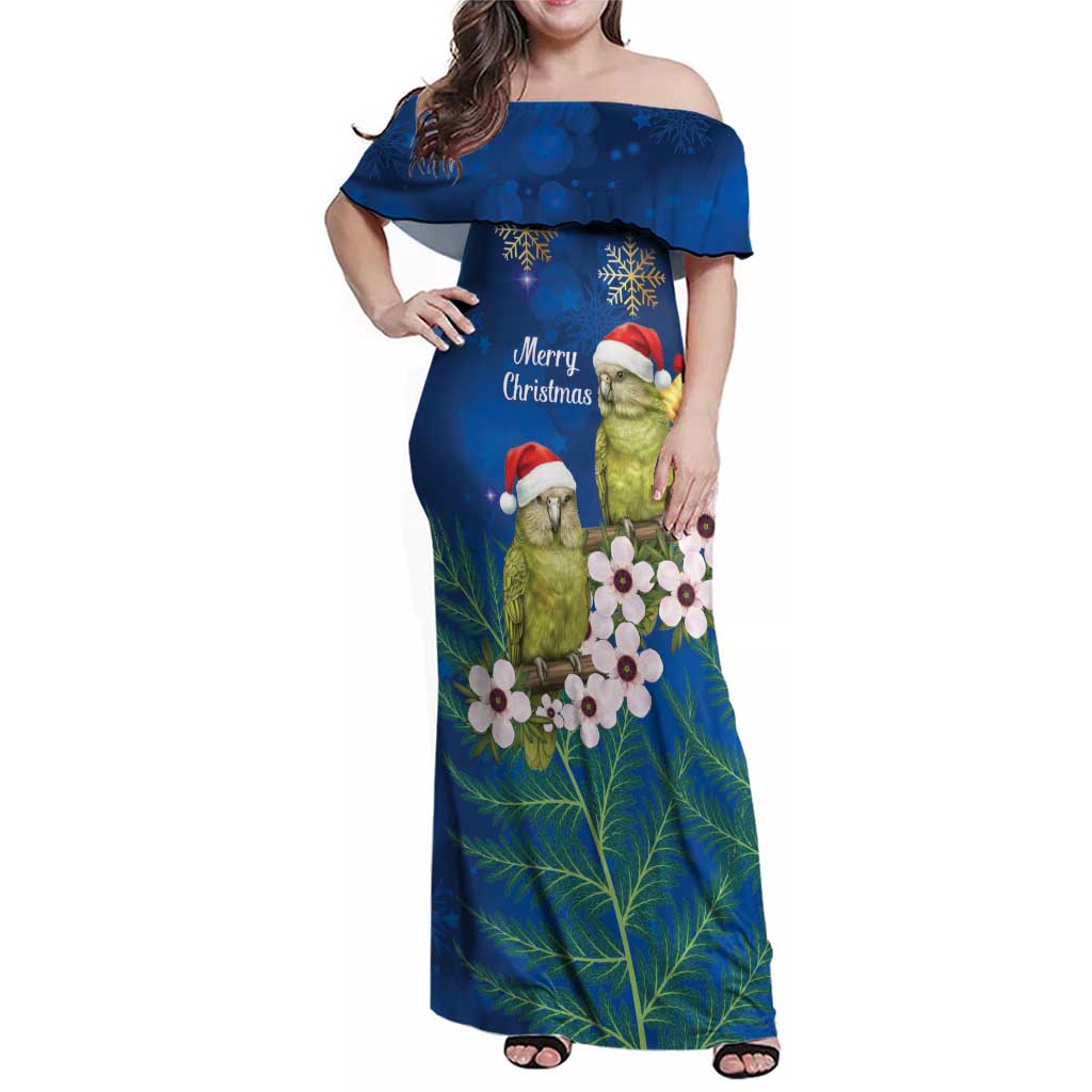 New Zealand Kakapo Christmas Family Matching Off Shoulder Maxi Dress and Hawaiian Shirt Owl Parrot Santa Sliver Fern Manuka - Blue LT14 Blue - Polynesian Pride