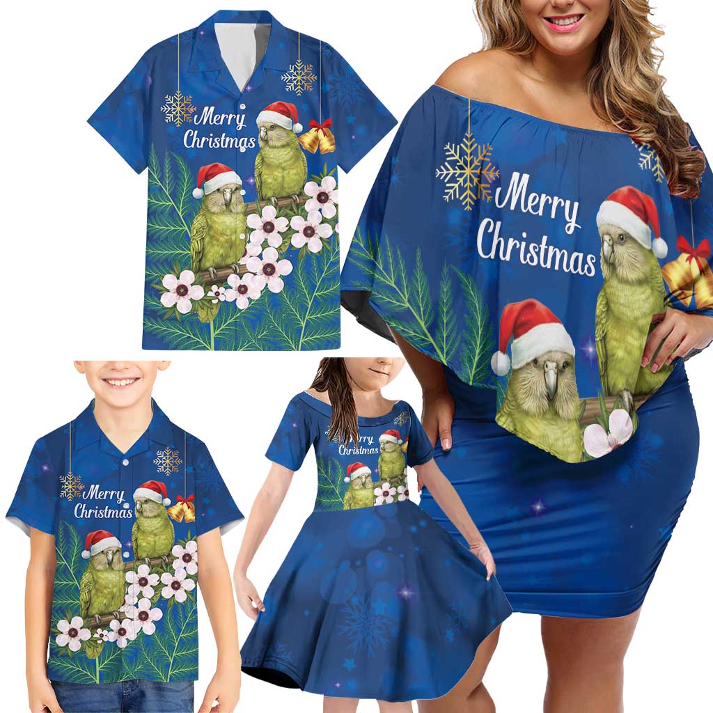 New Zealand Kakapo Christmas Family Matching Off Shoulder Short Dress and Hawaiian Shirt Owl Parrot Santa Sliver Fern Manuka - Blue - Polynesian Pride