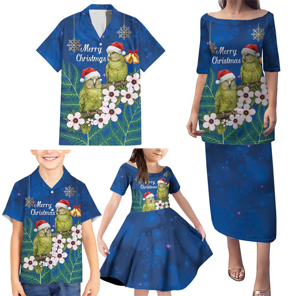 New Zealand Kakapo Christmas Family Matching Puletasi and Hawaiian Shirt Owl Parrot Santa Sliver Fern Manuka - Blue - Polynesian Pride