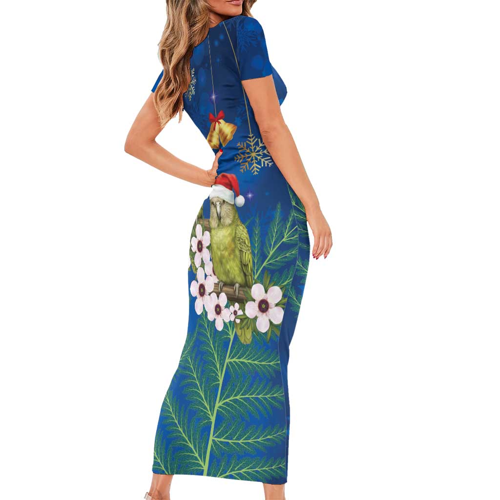 New Zealand Kakapo Christmas Family Matching Short Sleeve Bodycon Dress and Hawaiian Shirt Owl Parrot Santa Sliver Fern Manuka - Blue LT14 - Polynesian Pride