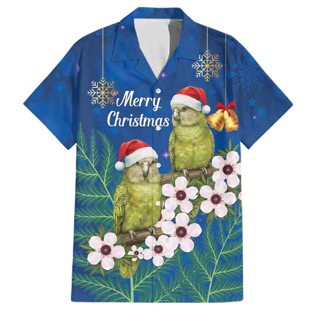 New Zealand Kakapo Christmas Family Matching Summer Maxi Dress and Hawaiian Shirt Owl Parrot Santa Sliver Fern Manuka - Blue LT14 Dad's Shirt - Short Sleeve Blue - Polynesian Pride