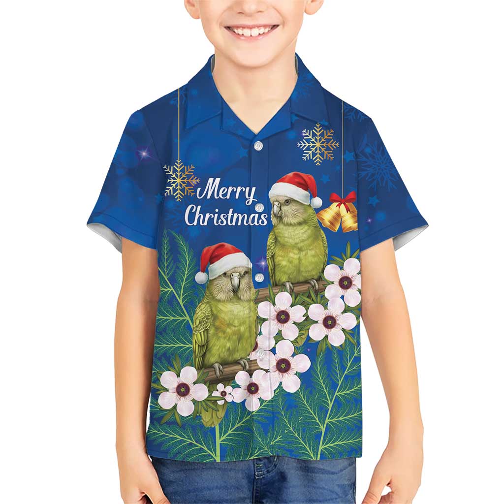 New Zealand Kakapo Christmas Kid Hawaiian Shirt Owl Parrot Santa Sliver Fern Manuka - Blue LT14 Kid Blue - Polynesian Pride