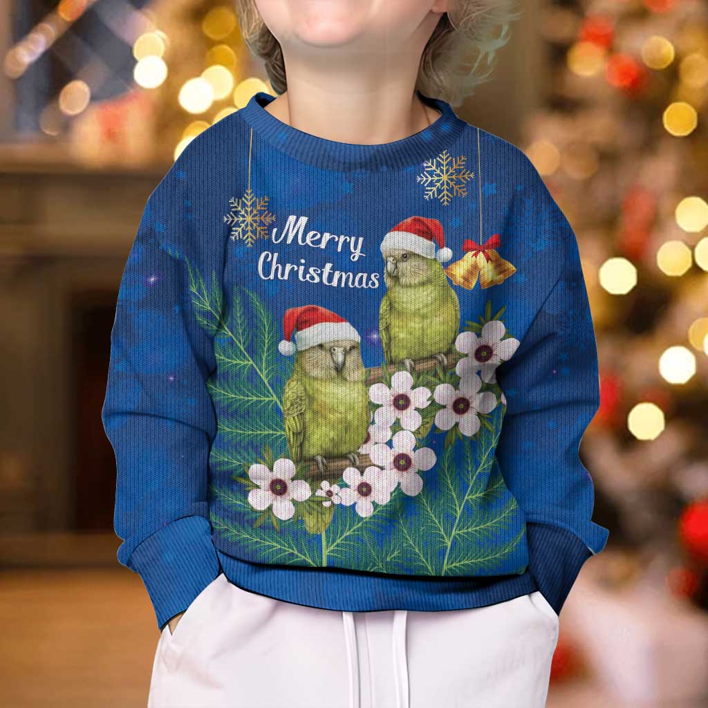 New Zealand Kakapo Christmas Kid Ugly Christmas Sweater Owl Parrot Santa Sliver Fern Manuka - Blue LT14 - Polynesian Pride