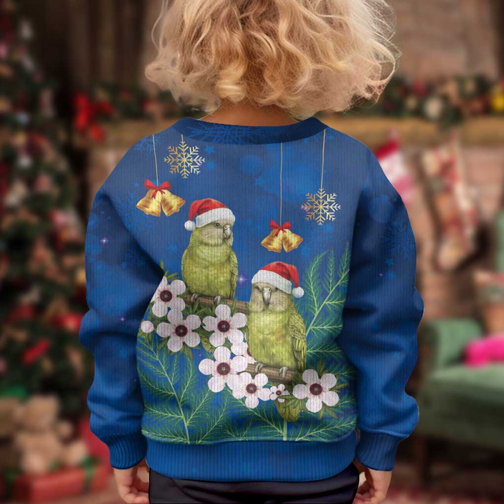 New Zealand Kakapo Christmas Kid Ugly Christmas Sweater Owl Parrot Santa Sliver Fern Manuka - Blue LT14 - Polynesian Pride