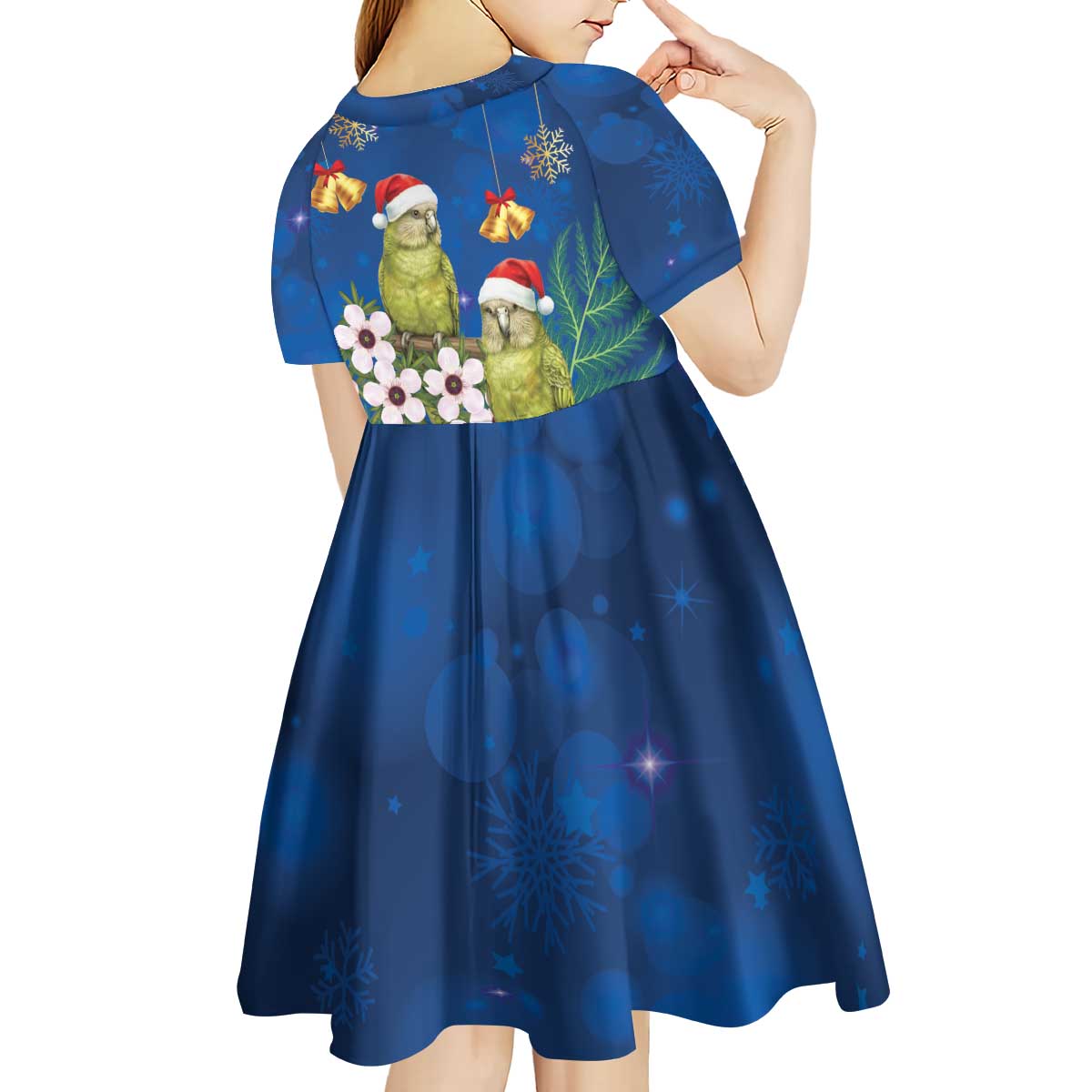 New Zealand Kakapo Christmas Kid Short Sleeve Dress Owl Parrot Santa Sliver Fern Manuka - Blue LT14 - Polynesian Pride