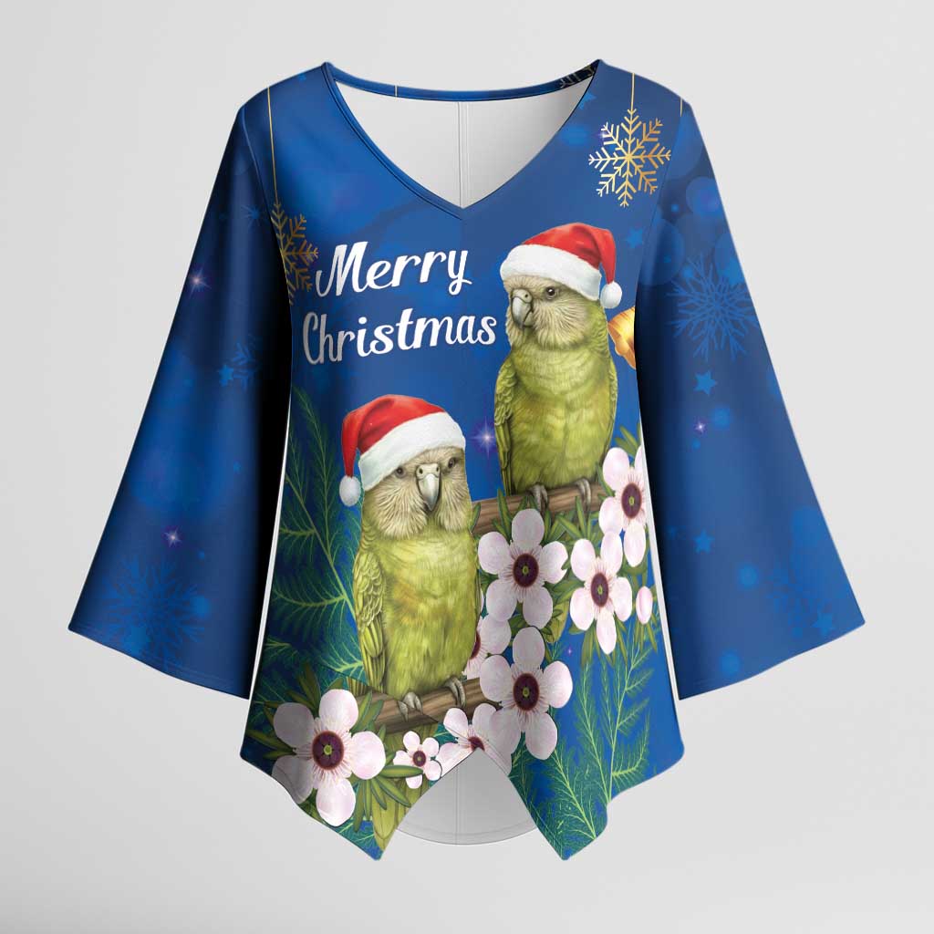New Zealand Kakapo Christmas Kimono Sleeve Blouse Owl Parrot Santa Sliver Fern Manuka - Blue LT14 Female Blue - Polynesian Pride