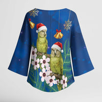 New Zealand Kakapo Christmas Kimono Sleeve Blouse Owl Parrot Santa Sliver Fern Manuka - Blue LT14 - Polynesian Pride