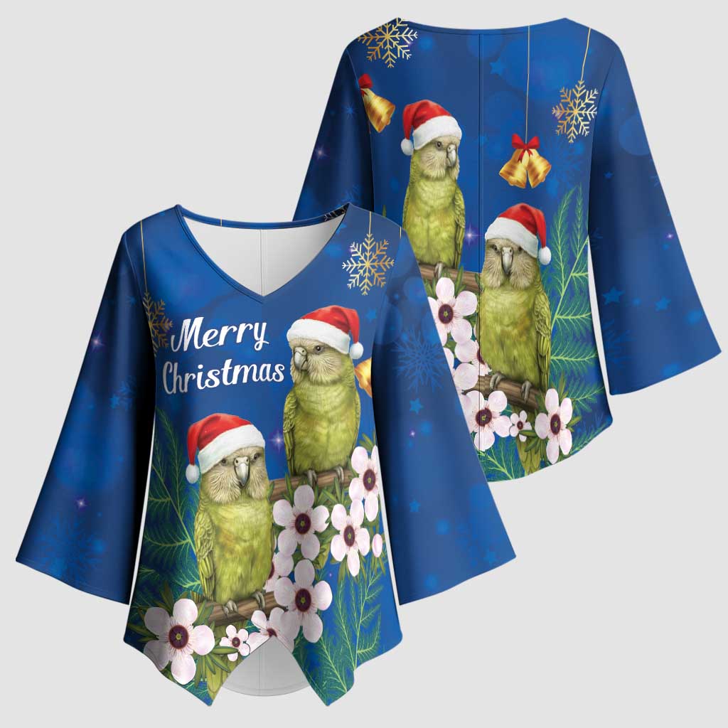 New Zealand Kakapo Christmas Kimono Sleeve Blouse Owl Parrot Santa Sliver Fern Manuka - Blue LT14 - Polynesian Pride