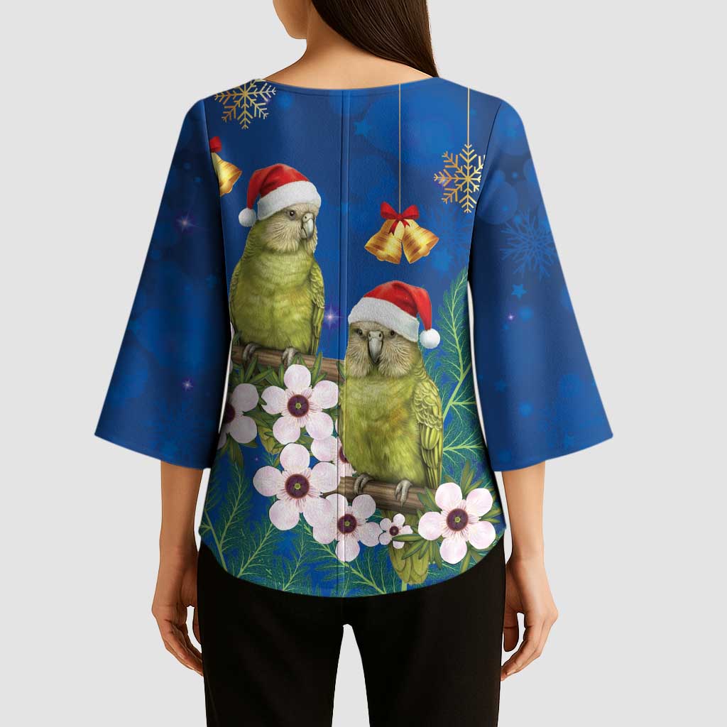 New Zealand Kakapo Christmas Kimono Sleeve Blouse Owl Parrot Santa Sliver Fern Manuka - Blue LT14 - Polynesian Pride