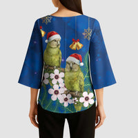New Zealand Kakapo Christmas Kimono Sleeve Blouse Owl Parrot Santa Sliver Fern Manuka - Blue LT14 - Polynesian Pride