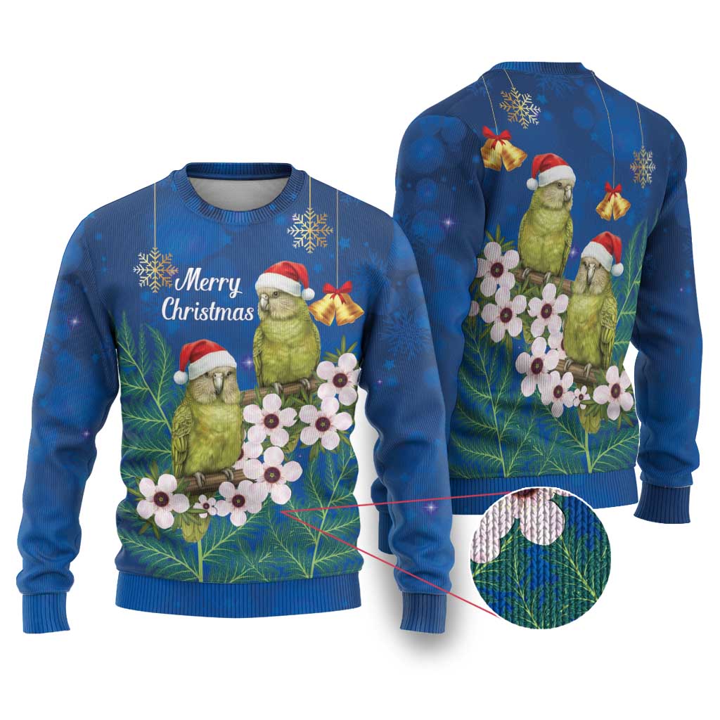 New Zealand Kakapo Christmas Ugly Christmas Sweater Owl Parrot Santa Sliver Fern Manuka - Blue LT14 Blue - Polynesian Pride