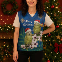 New Zealand Kakapo Christmas Knitted V-Neck Vest Owl Parrot Santa Sliver Fern Manuka - Blue LT14 - Polynesian Pride