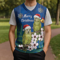 New Zealand Kakapo Christmas Knitted V-Neck Vest Owl Parrot Santa Sliver Fern Manuka - Blue LT14 - Polynesian Pride