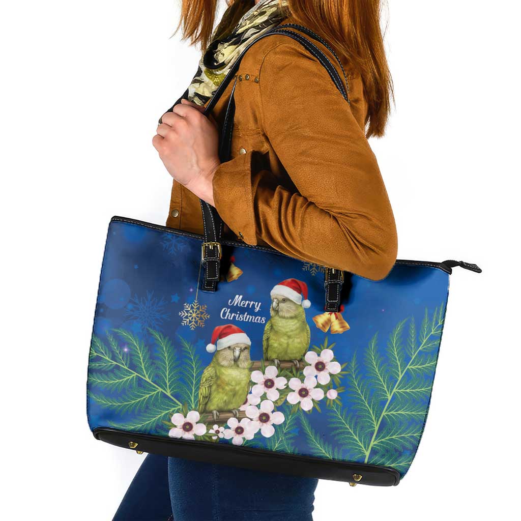 New Zealand Kakapo Christmas Leather Tote Bag Owl Parrot Santa Sliver Fern Manuka - Blue LT14 Blue - Polynesian Pride