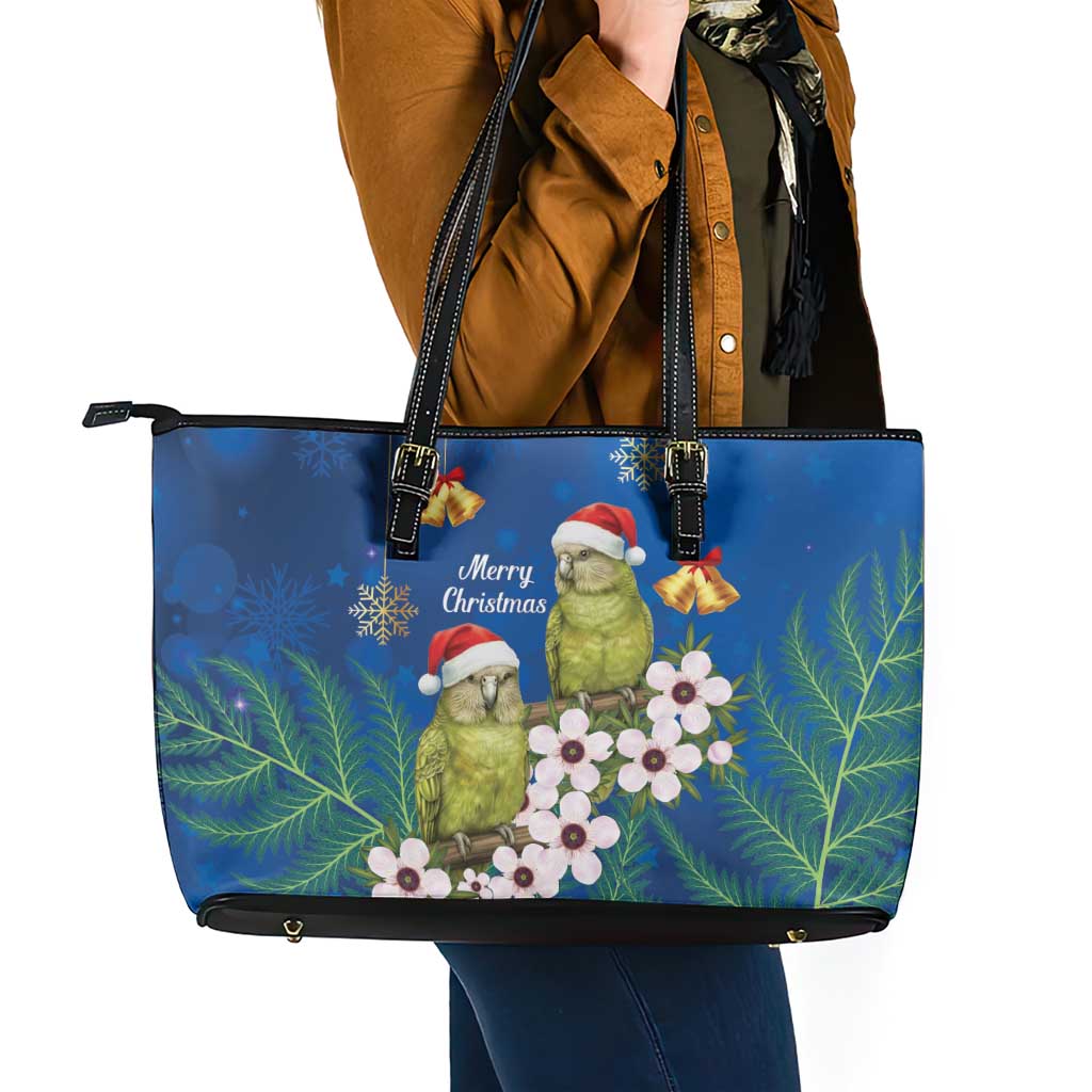 New Zealand Kakapo Christmas Leather Tote Bag Owl Parrot Santa Sliver Fern Manuka - Blue LT14 - Polynesian Pride