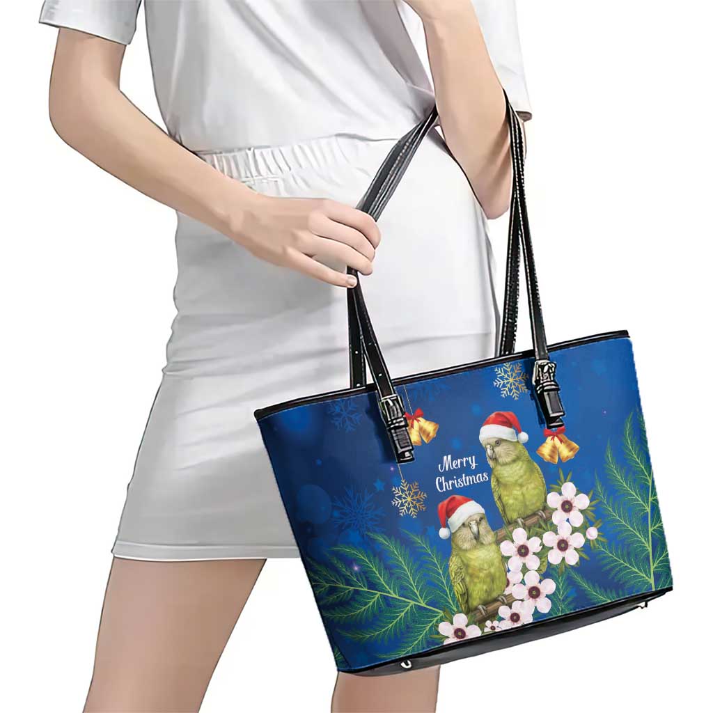 New Zealand Kakapo Christmas Leather Tote Bag Owl Parrot Santa Sliver Fern Manuka - Blue LT14 - Polynesian Pride