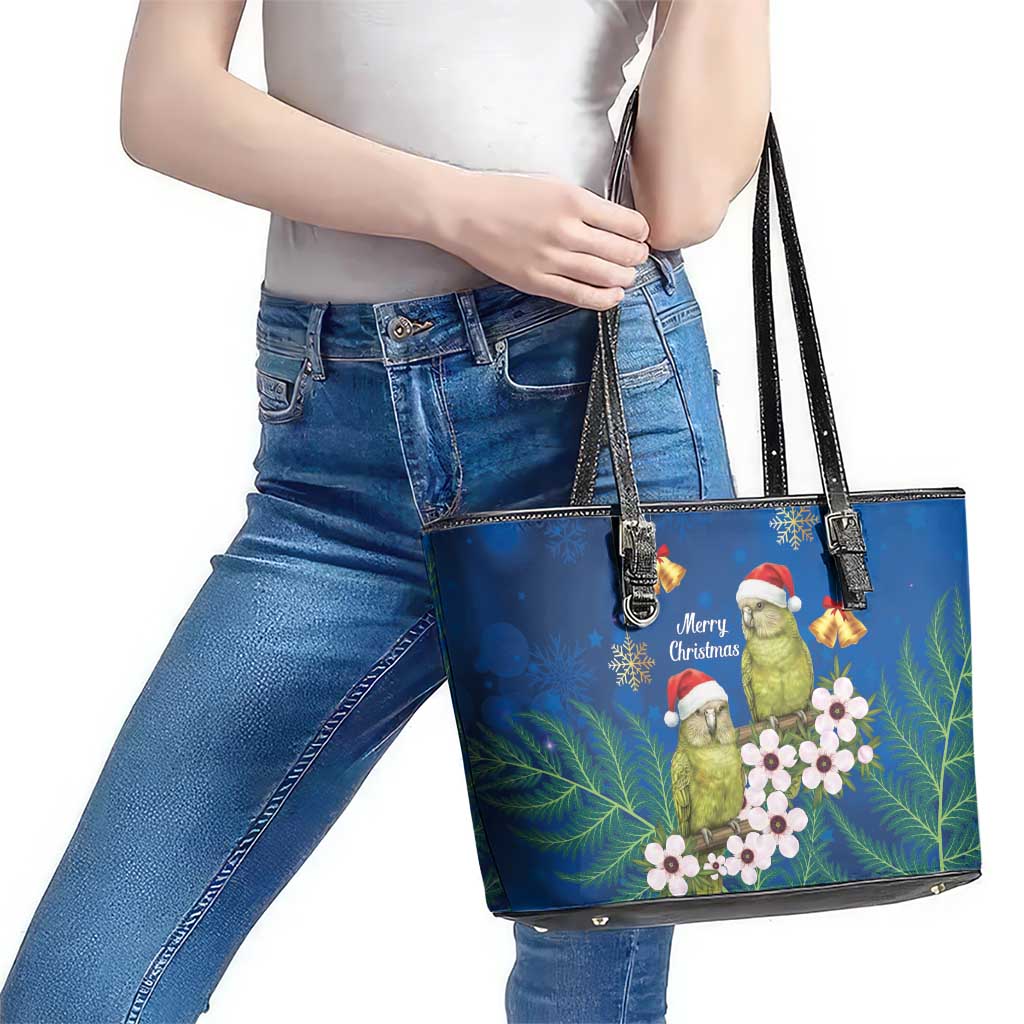 New Zealand Kakapo Christmas Leather Tote Bag Owl Parrot Santa Sliver Fern Manuka - Blue LT14 - Polynesian Pride