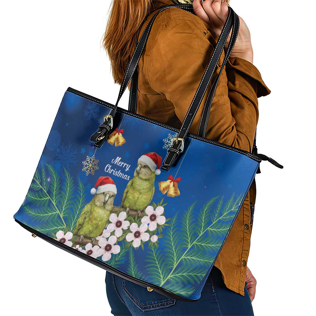 New Zealand Kakapo Christmas Leather Tote Bag Owl Parrot Santa Sliver Fern Manuka - Blue LT14 - Polynesian Pride