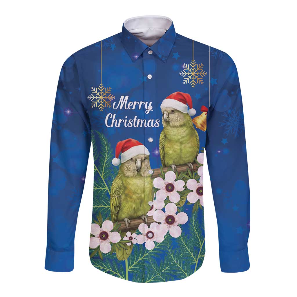 New Zealand Kakapo Christmas Long Sleeve Button Shirt Owl Parrot Santa Sliver Fern Manuka - Blue LT14 Unisex Blue - Polynesian Pride