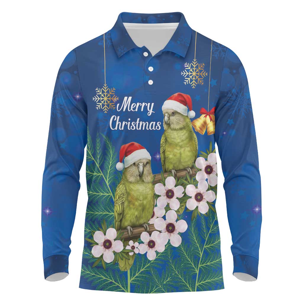 New Zealand Kakapo Christmas Long Sleeve Polo Shirt Owl Parrot Santa Sliver Fern Manuka - Blue LT14 Blue - Polynesian Pride