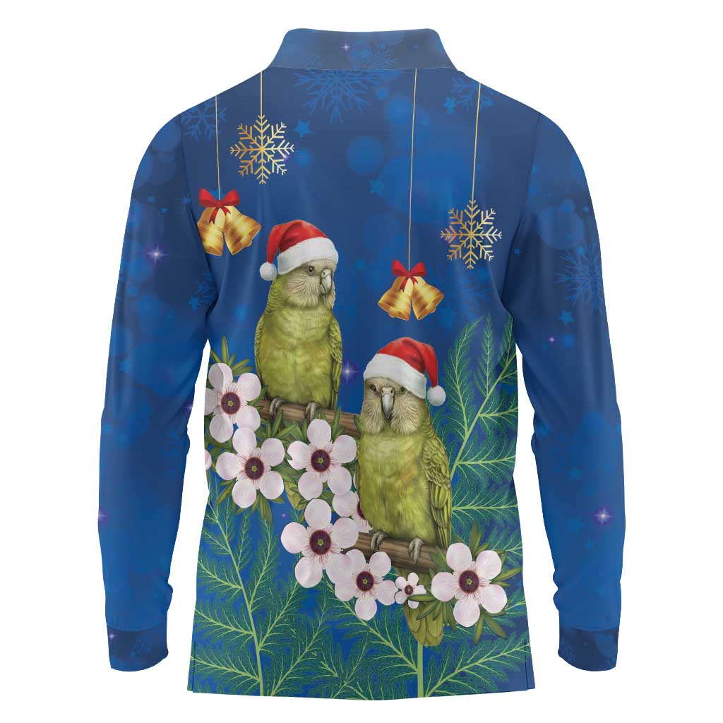 New Zealand Kakapo Christmas Long Sleeve Polo Shirt Owl Parrot Santa Sliver Fern Manuka - Blue LT14 - Polynesian Pride