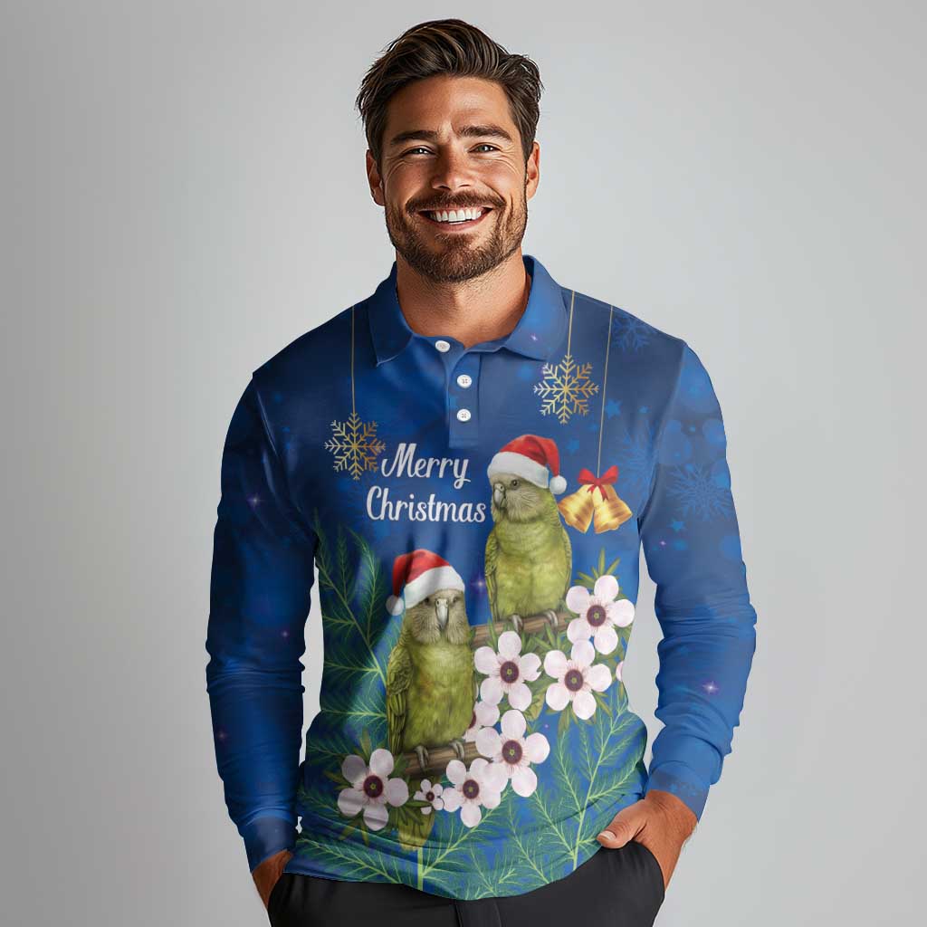 New Zealand Kakapo Christmas Long Sleeve Polo Shirt Owl Parrot Santa Sliver Fern Manuka - Blue LT14 - Polynesian Pride