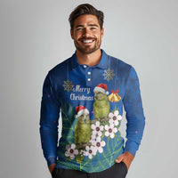 New Zealand Kakapo Christmas Long Sleeve Polo Shirt Owl Parrot Santa Sliver Fern Manuka - Blue LT14 - Polynesian Pride