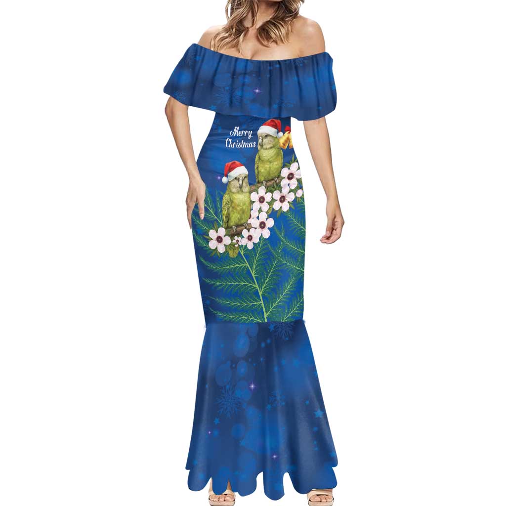 New Zealand Kakapo Christmas Mermaid Dress Owl Parrot Santa Sliver Fern Manuka - Blue LT14 - Polynesian Pride