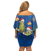 New Zealand Kakapo Christmas Off Shoulder Short Dress Owl Parrot Santa Sliver Fern Manuka - Blue LT14 - Polynesian Pride