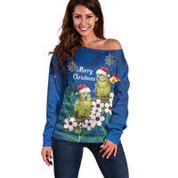 New Zealand Kakapo Christmas Off Shoulder Sweater Owl Parrot Santa Sliver Fern Manuka - Blue LT14 Women Blue - Polynesian Pride