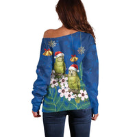 New Zealand Kakapo Christmas Off Shoulder Sweater Owl Parrot Santa Sliver Fern Manuka - Blue LT14 - Polynesian Pride