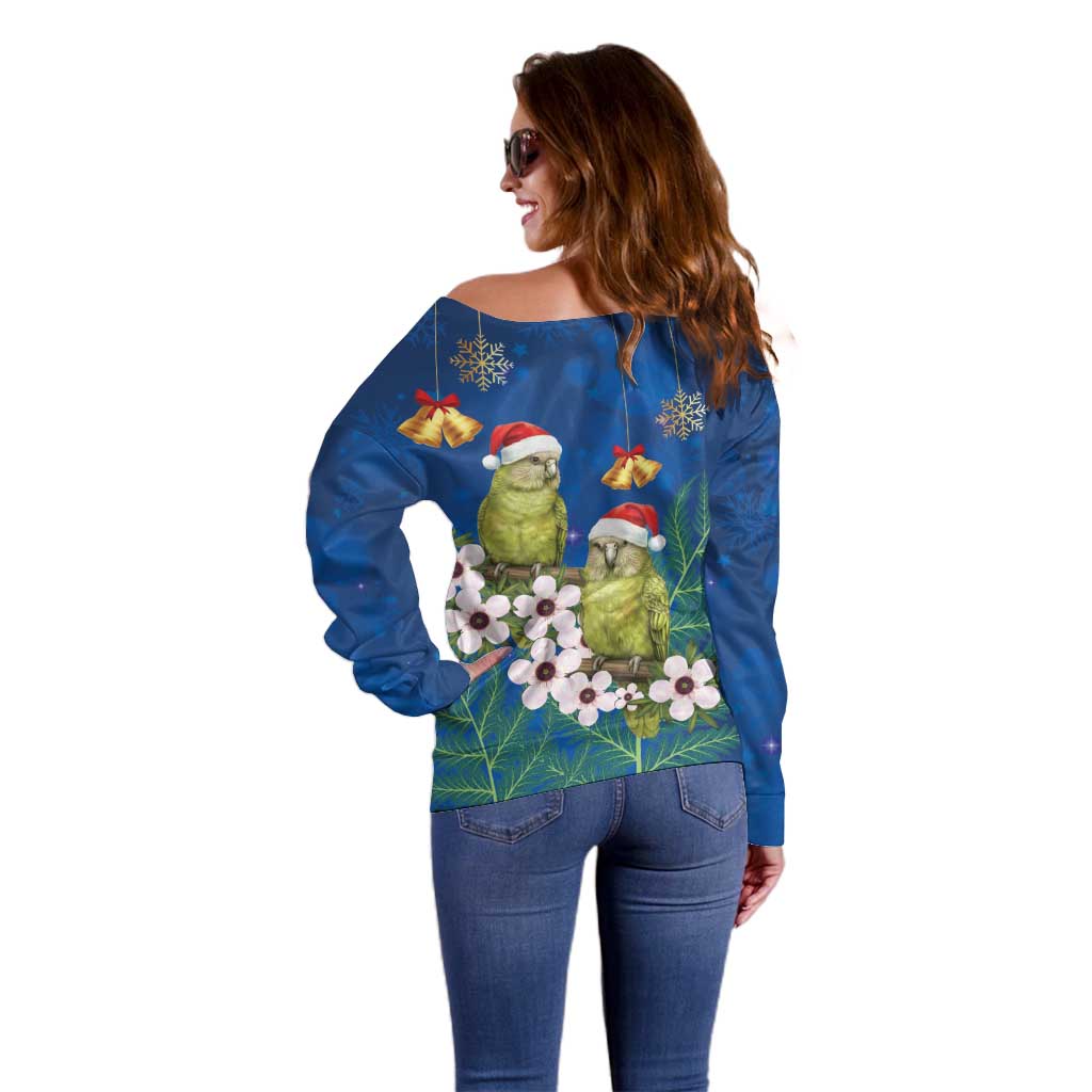 New Zealand Kakapo Christmas Off Shoulder Sweater Owl Parrot Santa Sliver Fern Manuka - Blue LT14 - Polynesian Pride