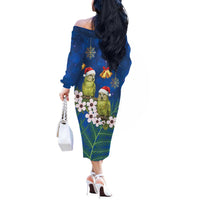 New Zealand Kakapo Christmas Off The Shoulder Long Sleeve Dress Owl Parrot Santa Sliver Fern Manuka - Blue LT14 - Polynesian Pride