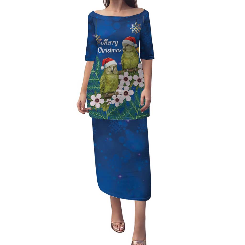 New Zealand Kakapo Christmas Puletasi Owl Parrot Santa Sliver Fern Manuka - Blue LT14 Long Dress Blue - Polynesian Pride
