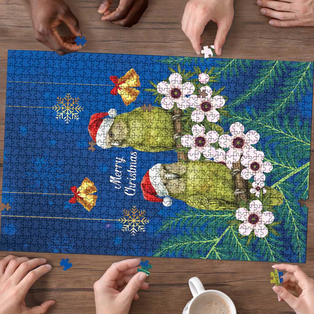 New Zealand Kakapo Christmas Puzzle Owl Parrot Santa Sliver Fern Manuka - Blue LT14 - Polynesian Pride