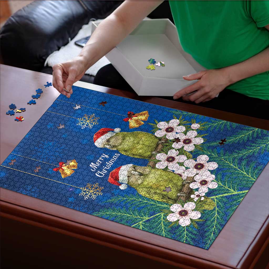 New Zealand Kakapo Christmas Puzzle Owl Parrot Santa Sliver Fern Manuka - Blue LT14 - Polynesian Pride