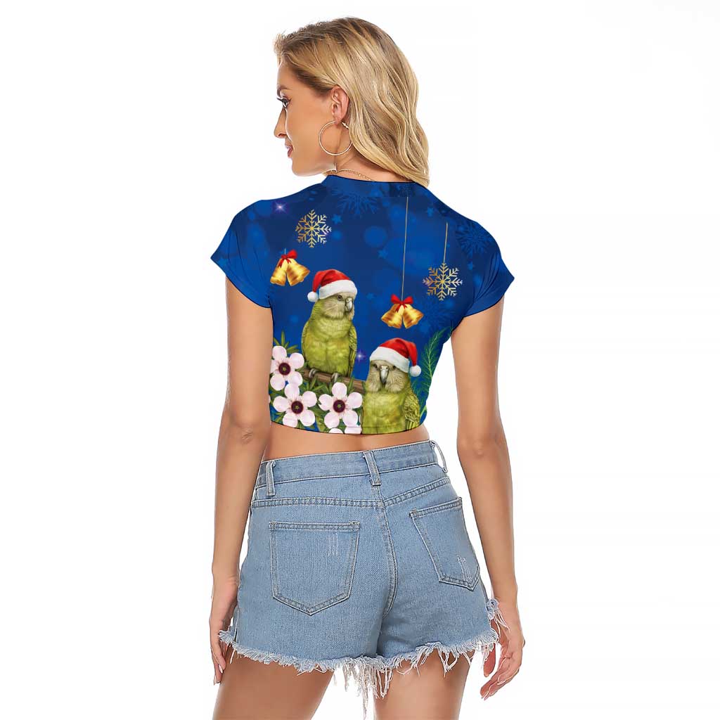 New Zealand Kakapo Christmas Raglan Cropped T Shirt Owl Parrot Santa Sliver Fern Manuka - Blue LT14 - Polynesian Pride