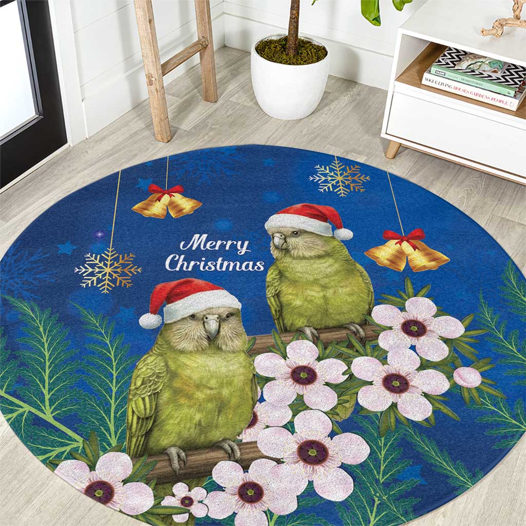 New Zealand Kakapo Christmas Round Carpet Owl Parrot Santa Sliver Fern Manuka - Blue LT14 Blue - Polynesian Pride